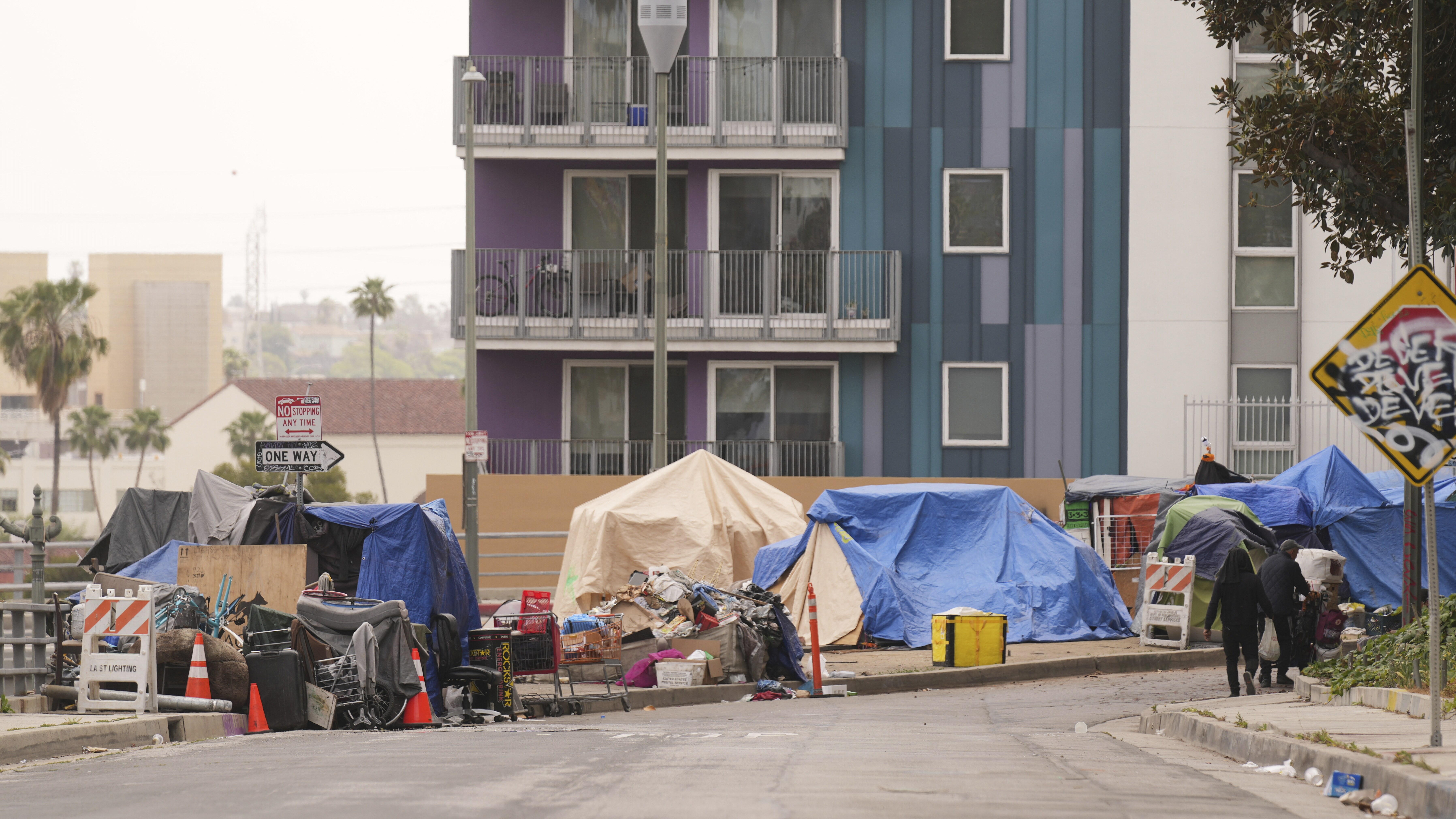 Tents are set up in a homeless encampment along a Los Angeles freeway in May.